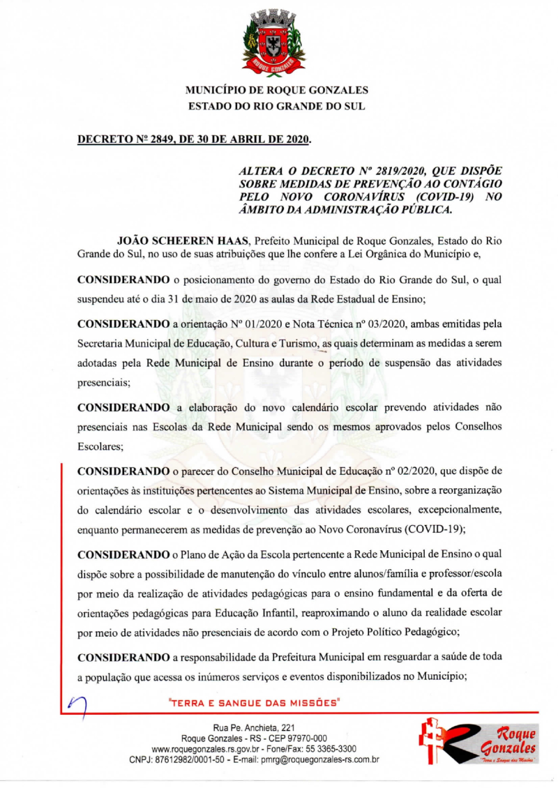 ADMINISTRAÇÃO MUNICIPAL PUBLICA ALTERAÇÃO NO DECRETO N° 2.819